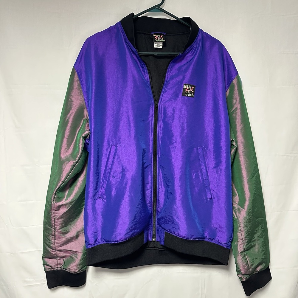 VTG Y2K Surf Style Jacket Mens XL Purple Iridescent Bomber Full Zip Satin Retro